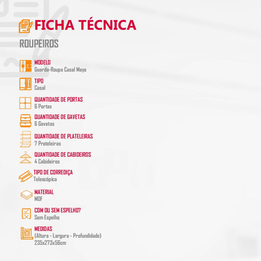 Guarda Roupa Casal Maya 100 MDF 6 Portas e 6 Gavetas - Rufato
