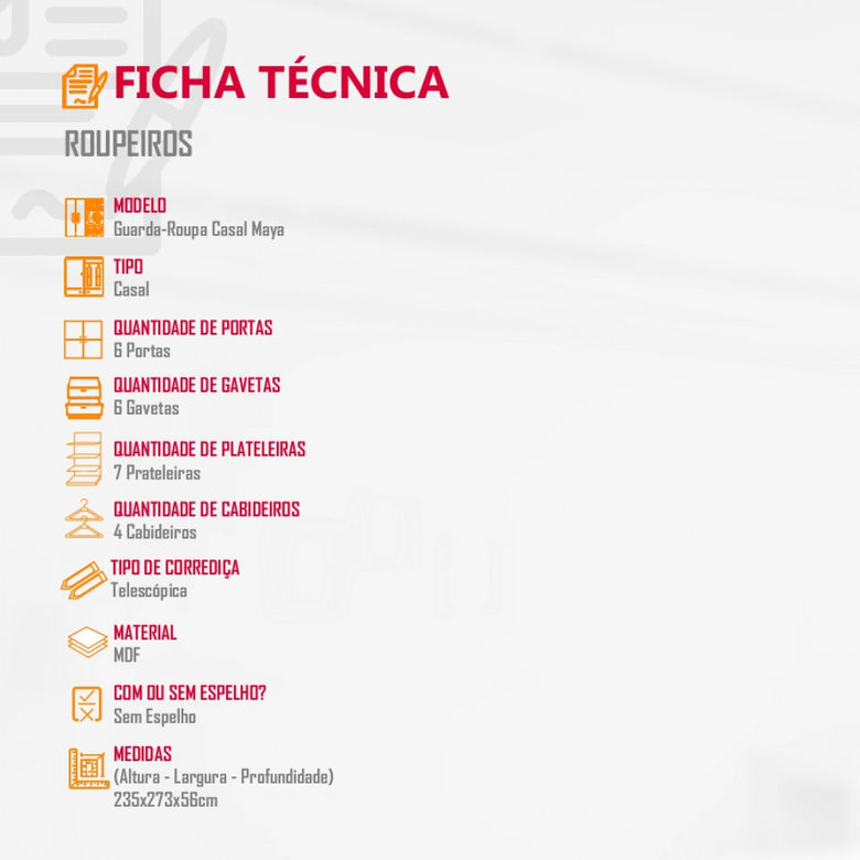 Guarda Roupa Casal Maya 100 MDF 6 Portas e 6 Gavetas - Rufato