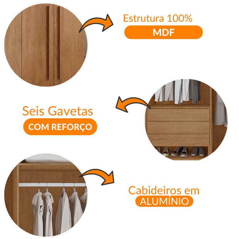 Guarda Roupa Casal Maya 100 MDF 6 Portas e 6 Gavetas - Rufato