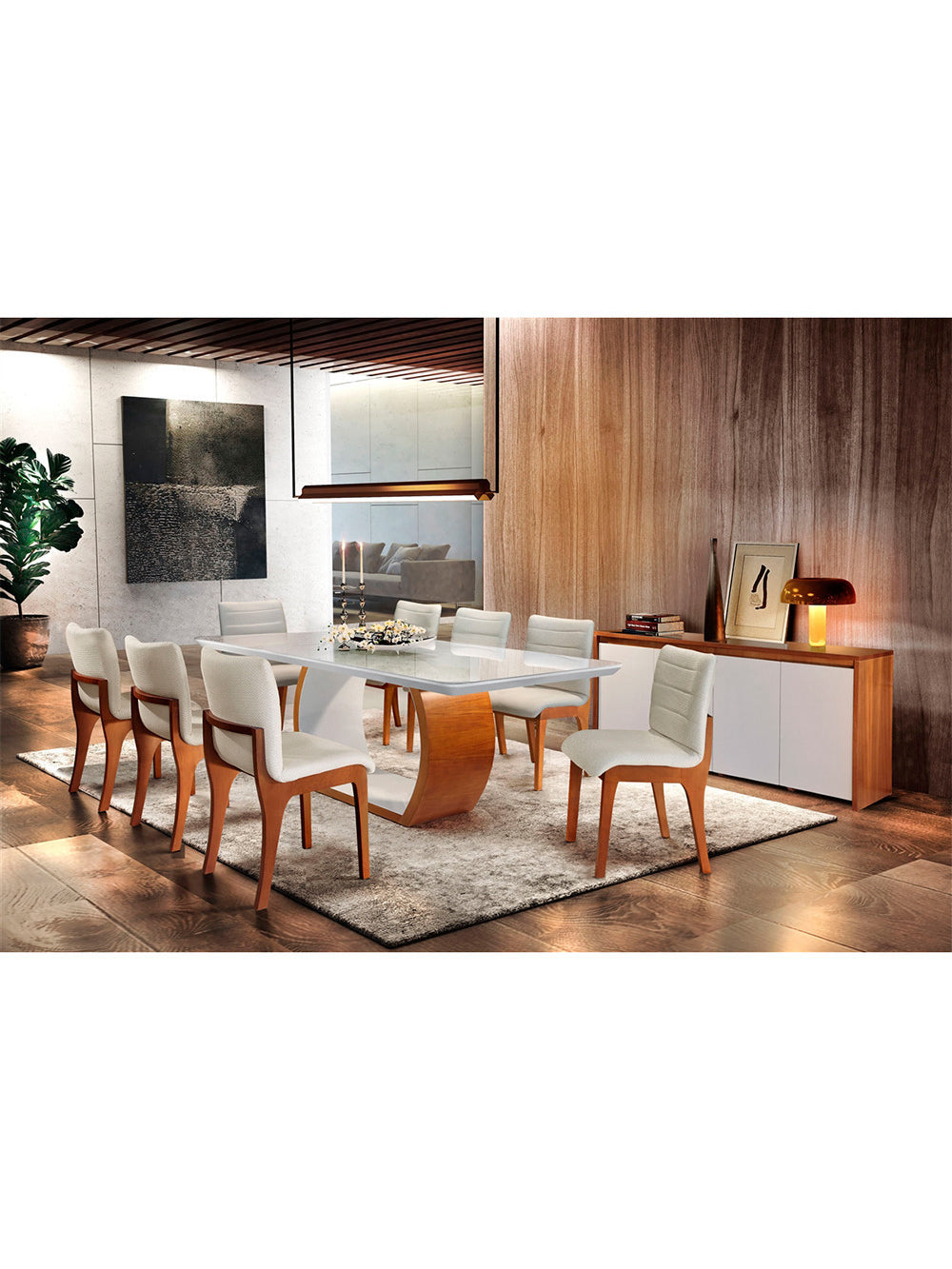 Mesa para Sala De Jantar Bella 2,20cm com 8 Cadeiras em Madeira e Vidro Mobillare - off white/ cinamomo imbuia/Linho Coleã