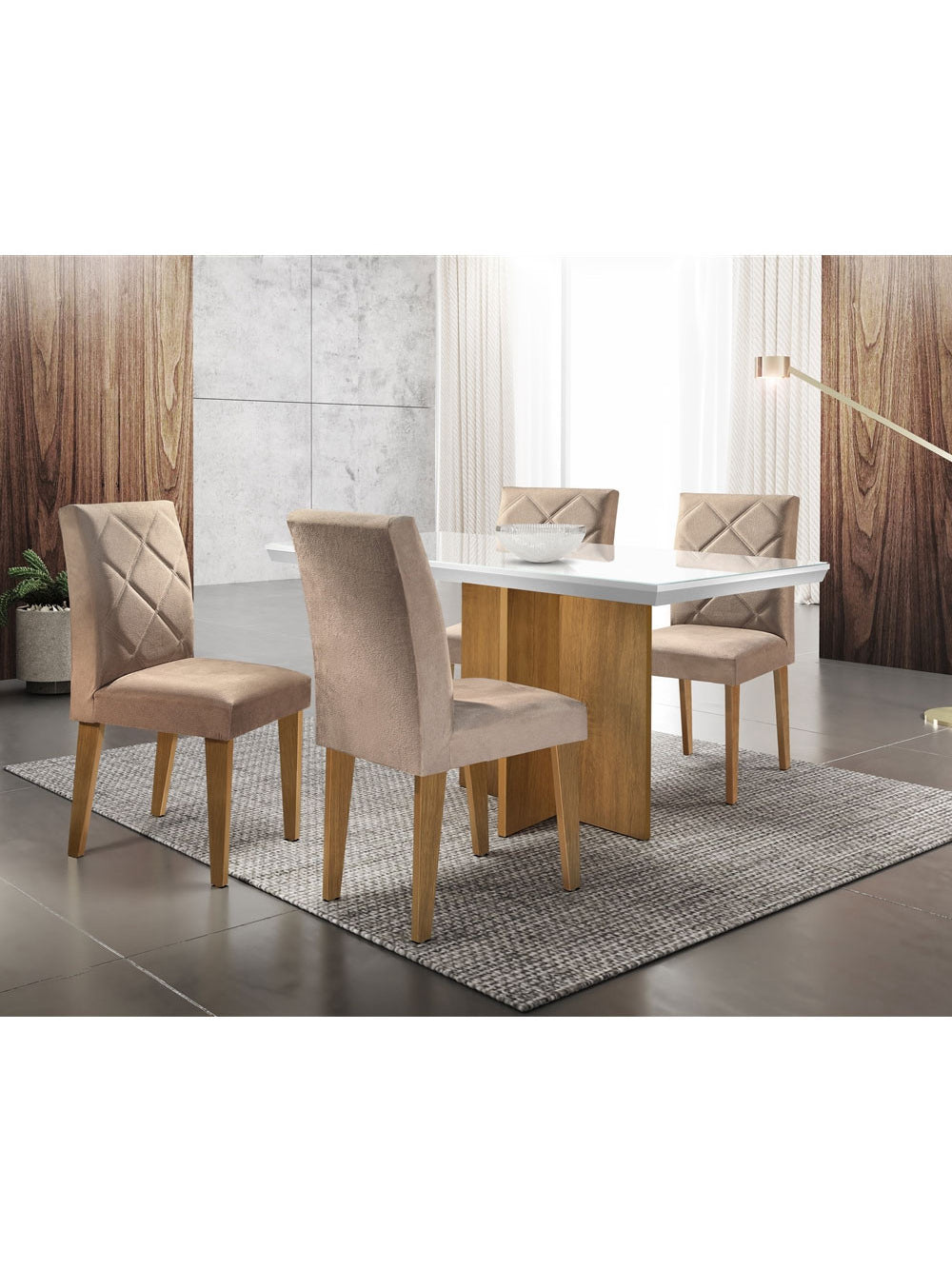 Conjunto Sala de Jantar Tampo Vidro MDF com 4 Cadeiras Olímpia Rufato - Off White/Imbuia/Off White/Animale Choco