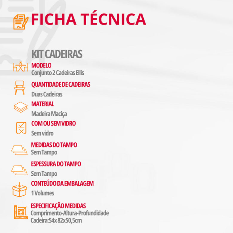 Conjunto com 2 Cadeiras Ellis em Madeira Maciça para Sala de jantar Moderna Mobília