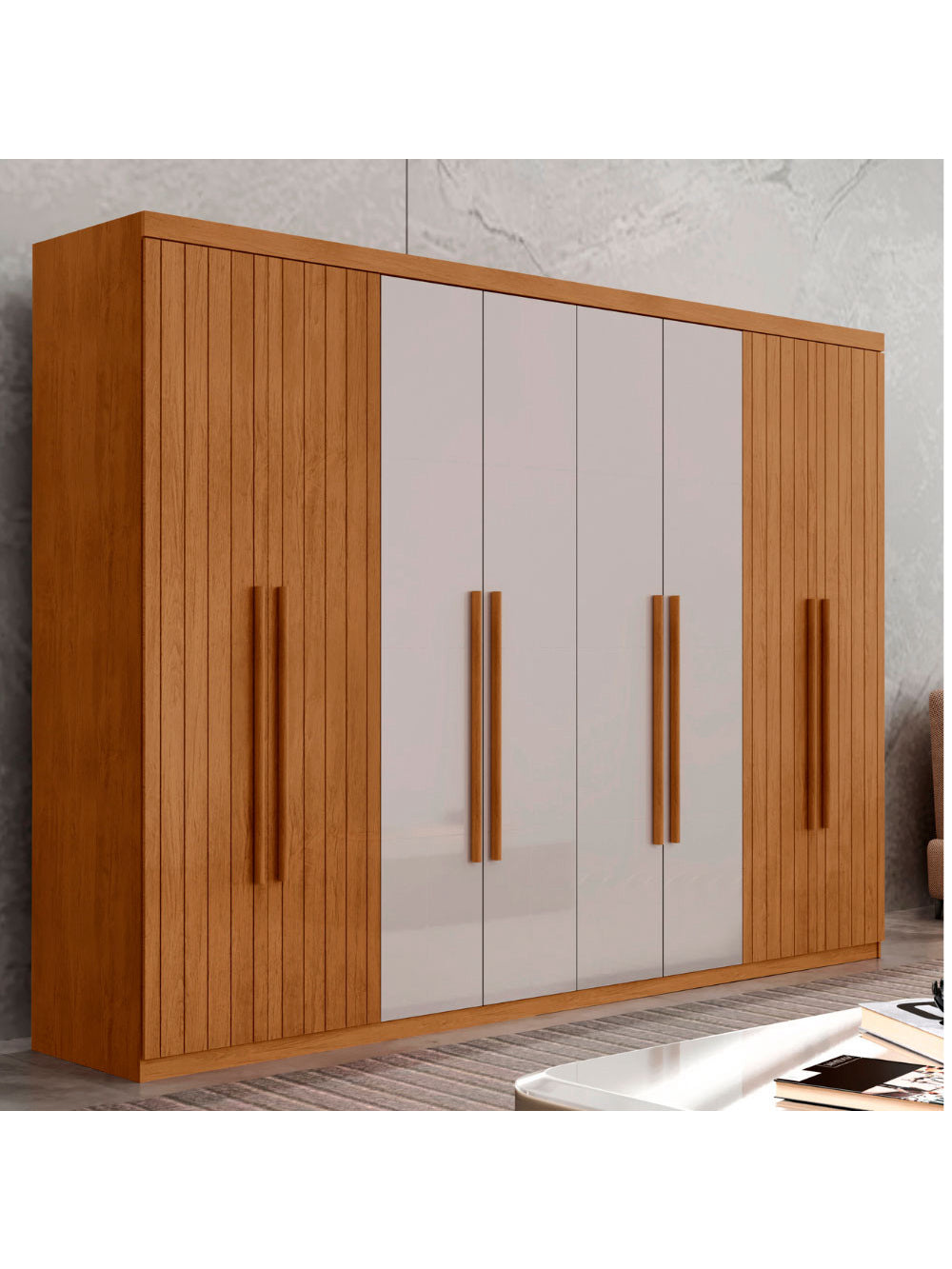 Guarda Roupa Casal Toronto MDF 8 Portas e 4 Gavetas Moderna Mobília - Naturale/Off White/Naturale