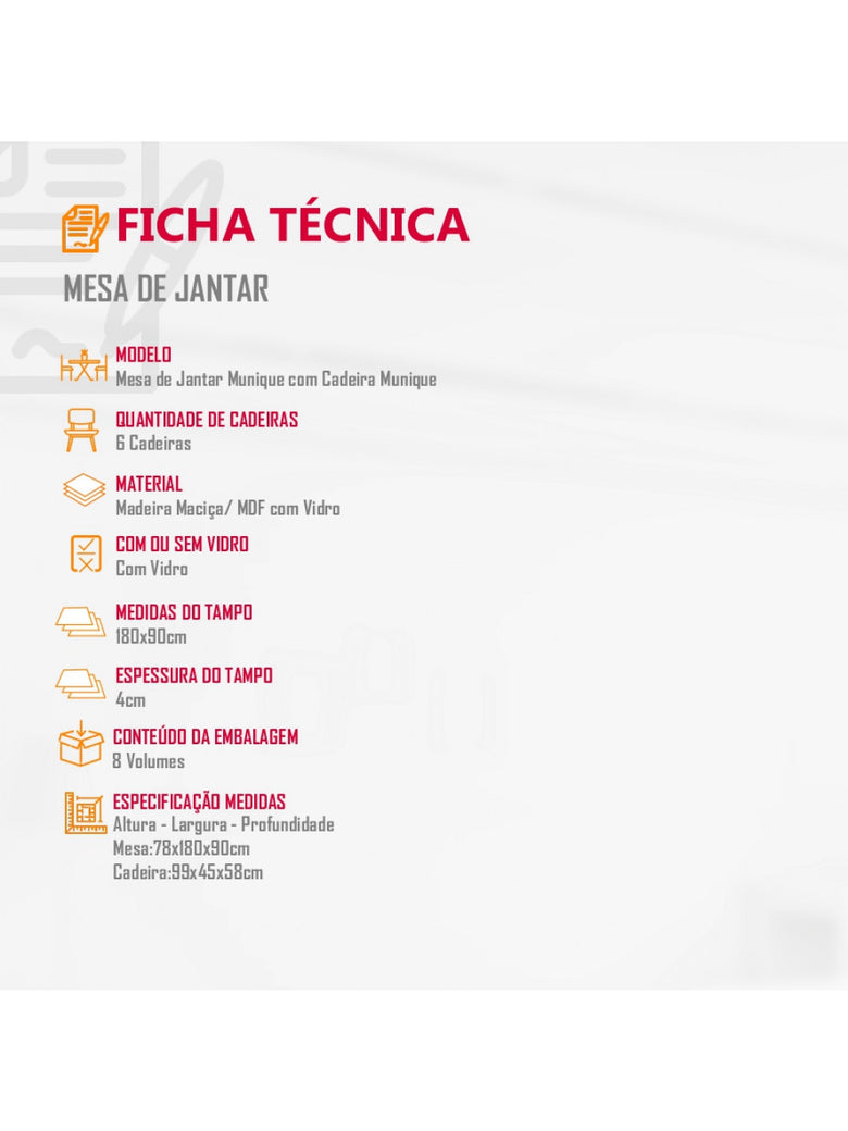 Conjunto para Sala de jantar Munique em Madeira Maciça 6 cadeiras Mobillare