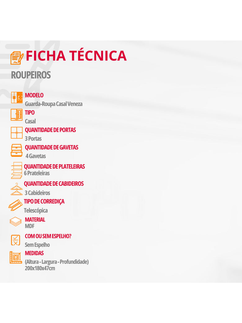 Guarda Roupa Casal Veneza 3 Portas 4 Gavetas MDF Rufato