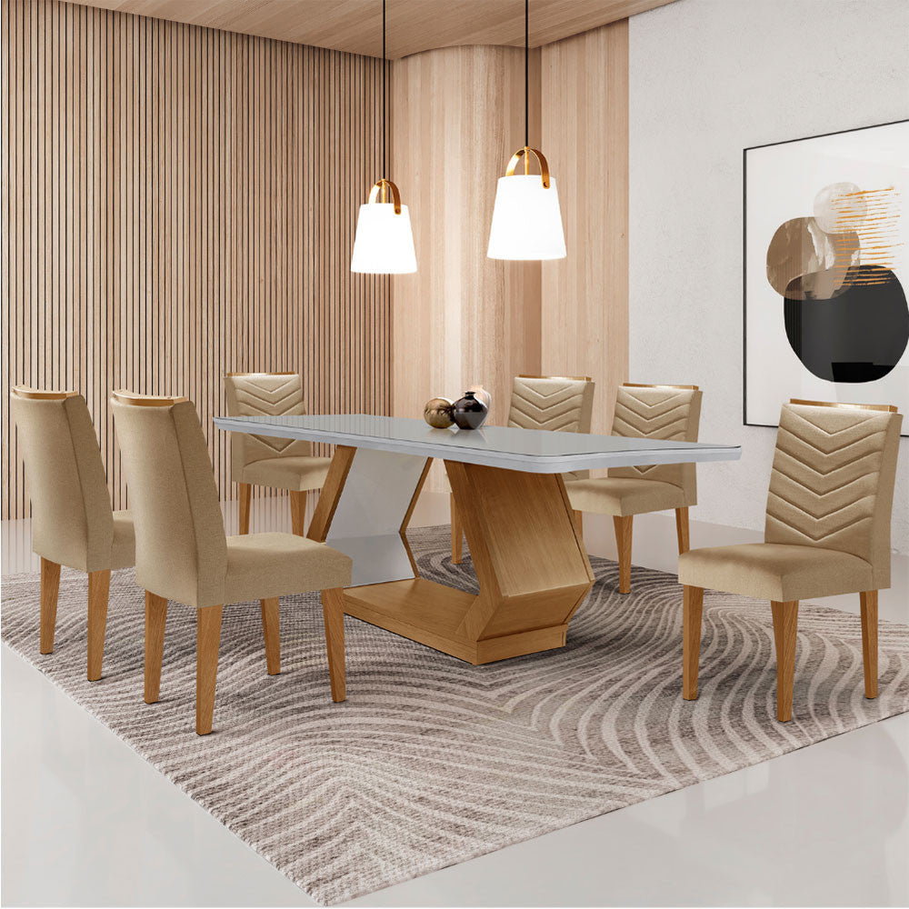 Mesa para Sala de Jantar Alvorada 180cm MDF com Vidro Canto Copo e 6 Cadeiras Liz - Turim 07/Off White/Imbuia