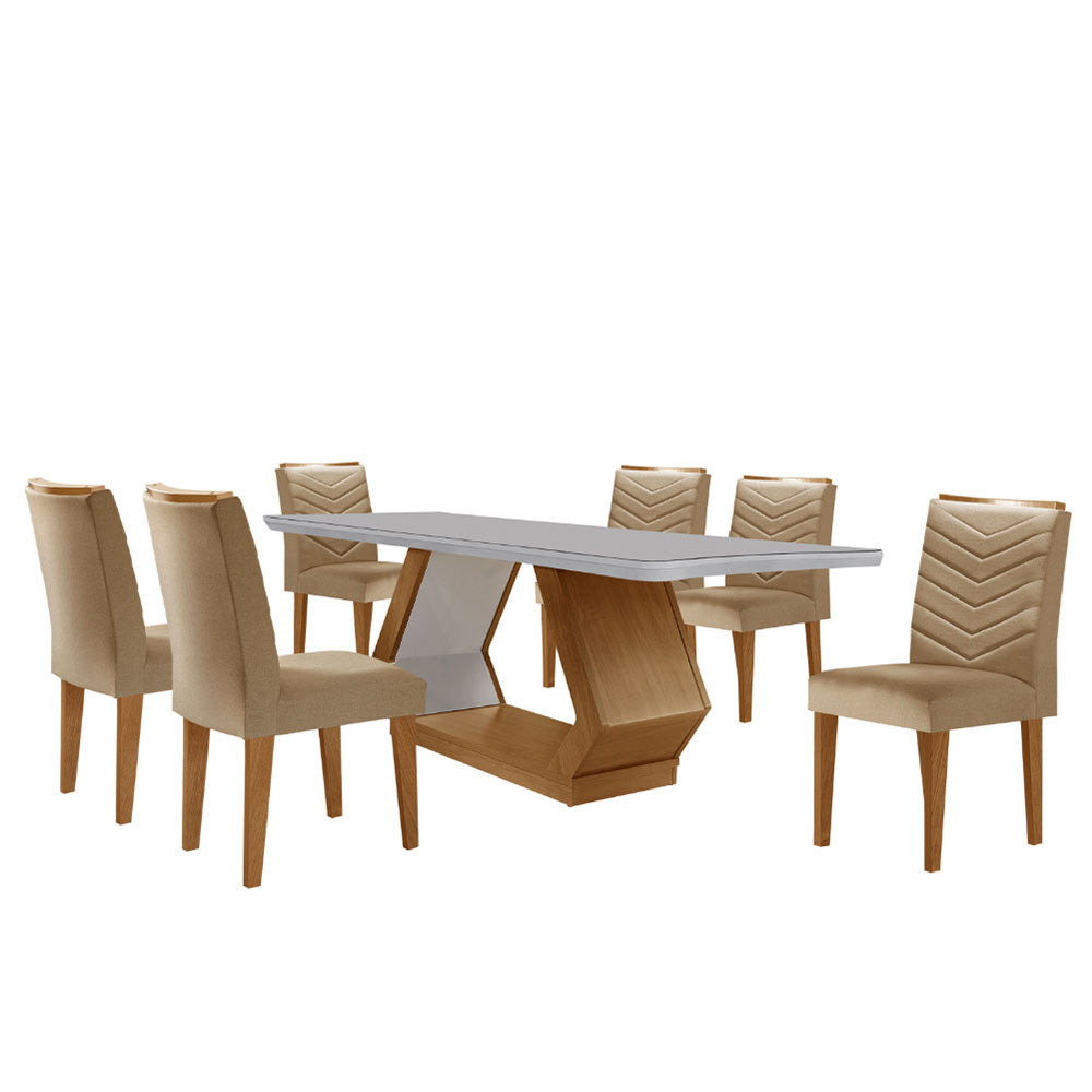 Mesa para Sala de Jantar Alvorada 180cm MDF com Vidro Canto Copo e 6 Cadeiras Liz - Turim 07/Off White/Imbuia