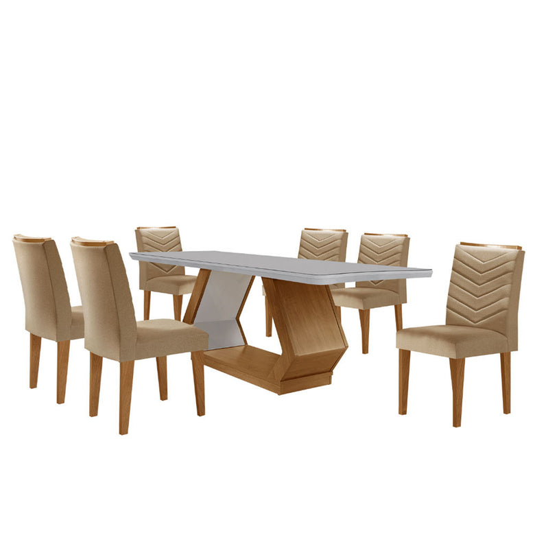 Mesa para Sala de Jantar Alvorada 180cm MDF com Vidro Canto Copo e 6 Cadeiras Liz