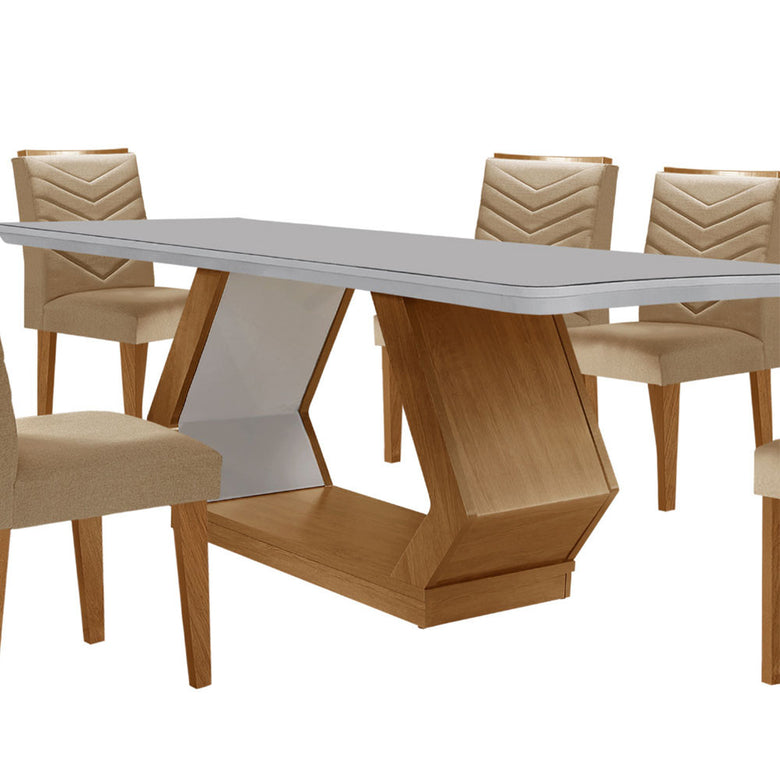 Mesa para Sala de Jantar Alvorada 180cm MDF com Vidro Canto Copo e 6 Cadeiras Liz