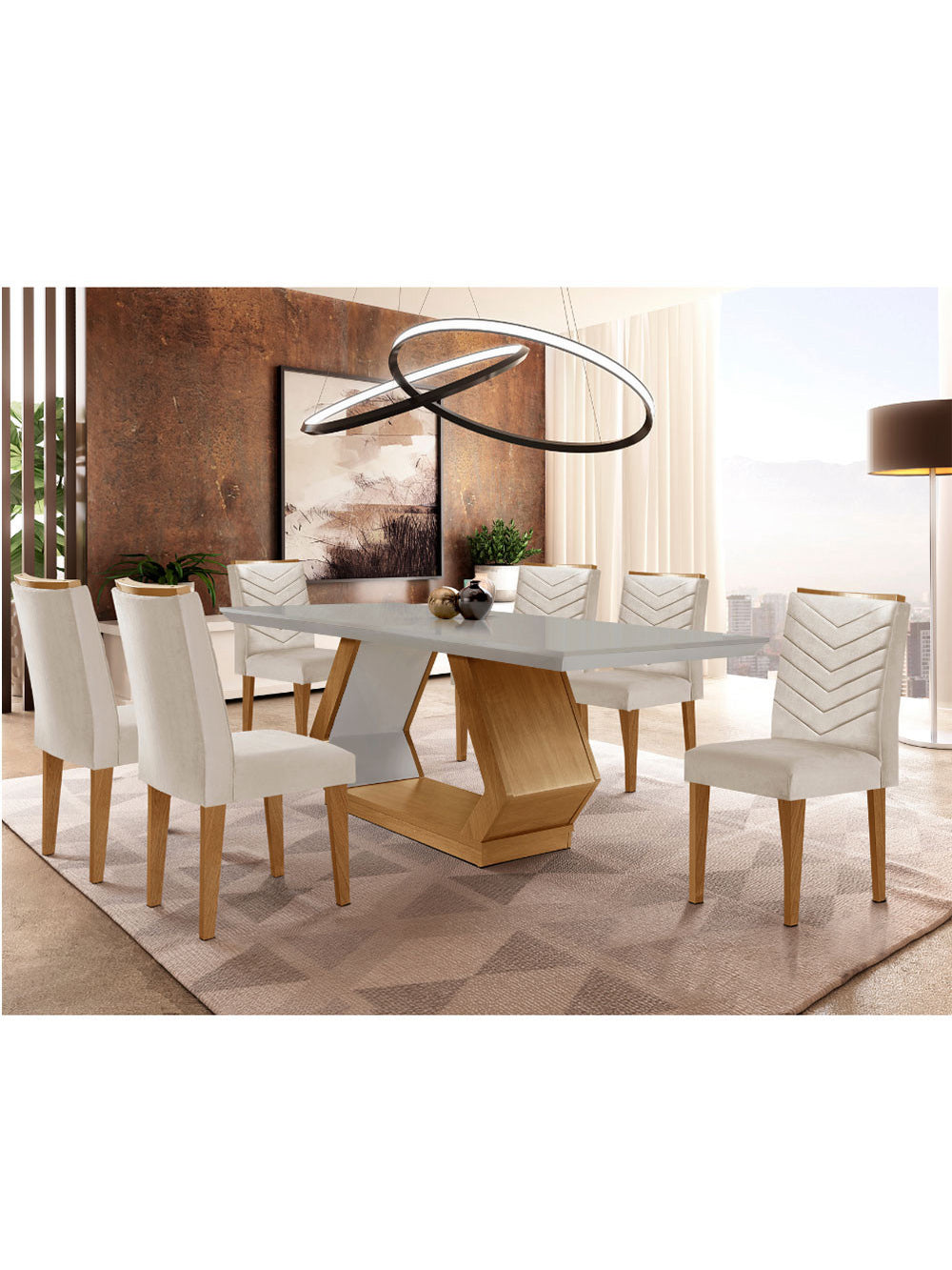 Sala de Jantar Alvorada com 6 Cadeiras Liz MDF Rufato - Veludo Creme/Off White/Imbuia