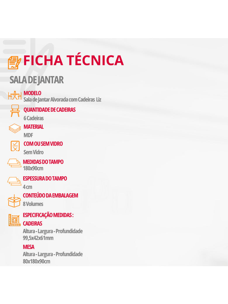 Sala de Jantar Alvorada com 6 Cadeiras Liz MDF Rufato