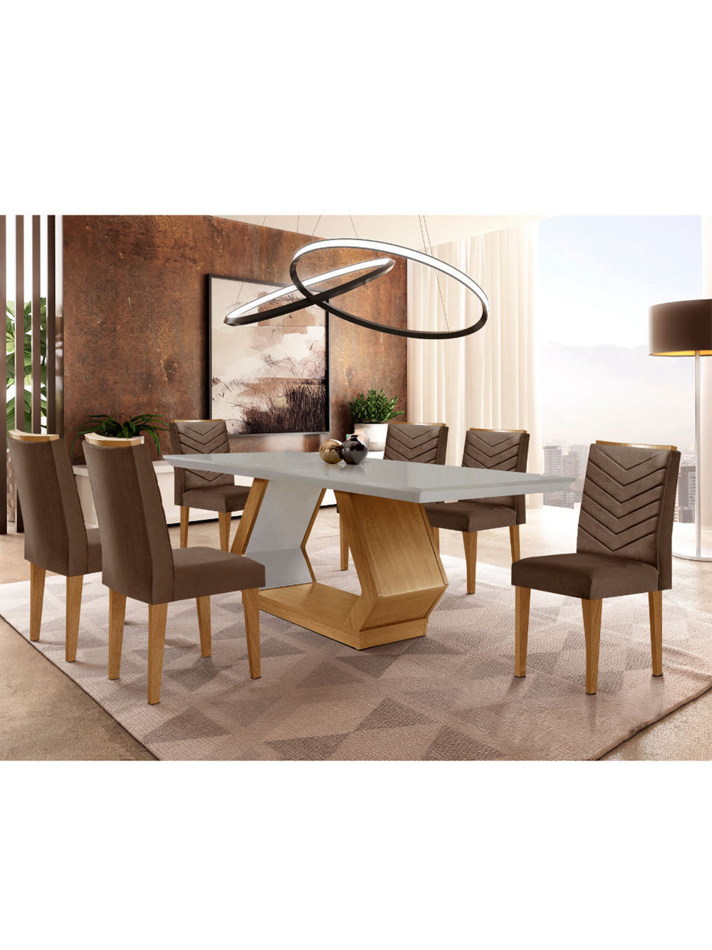 Sala de Jantar Alvorada com 6 Cadeiras Liz MDF Rufato - Vel. Marrom/Off White/Imbuia