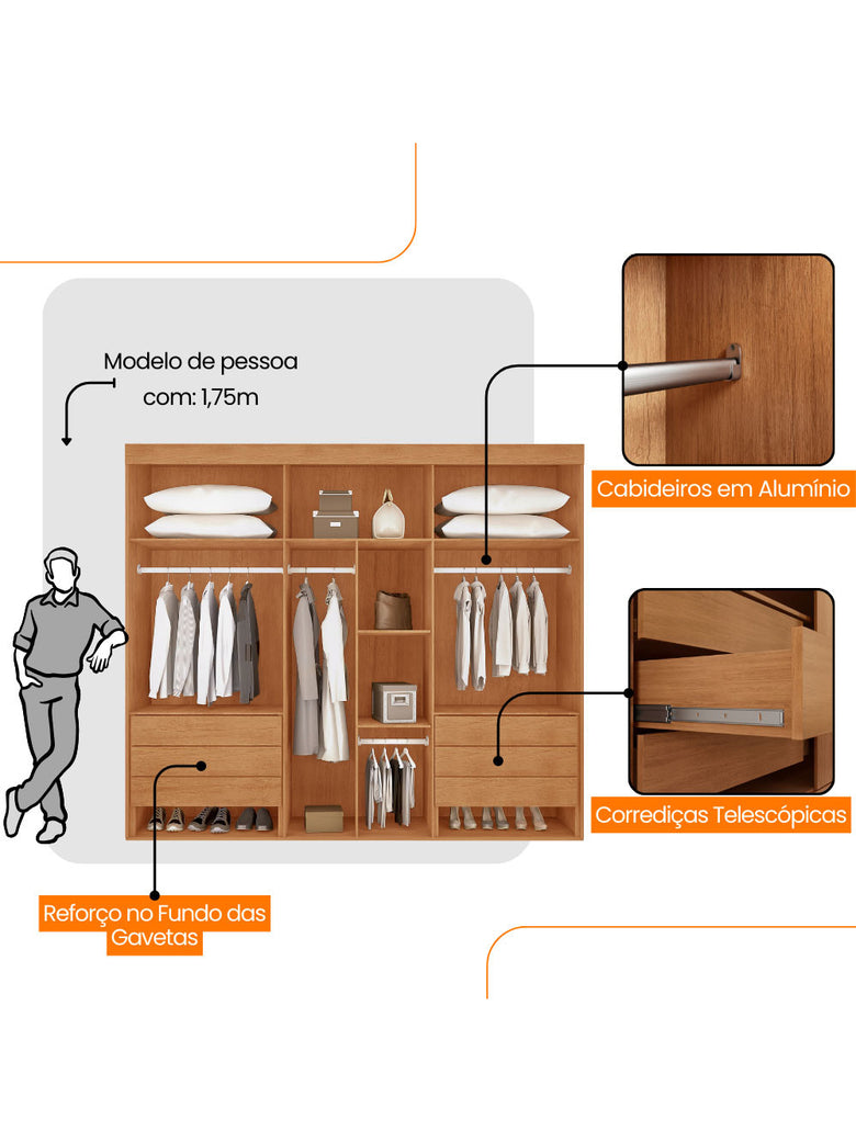 Guarda Roupa Casal Coliseu 100 MDF 6 Portas e 6 Gavetas Moderna Mobília