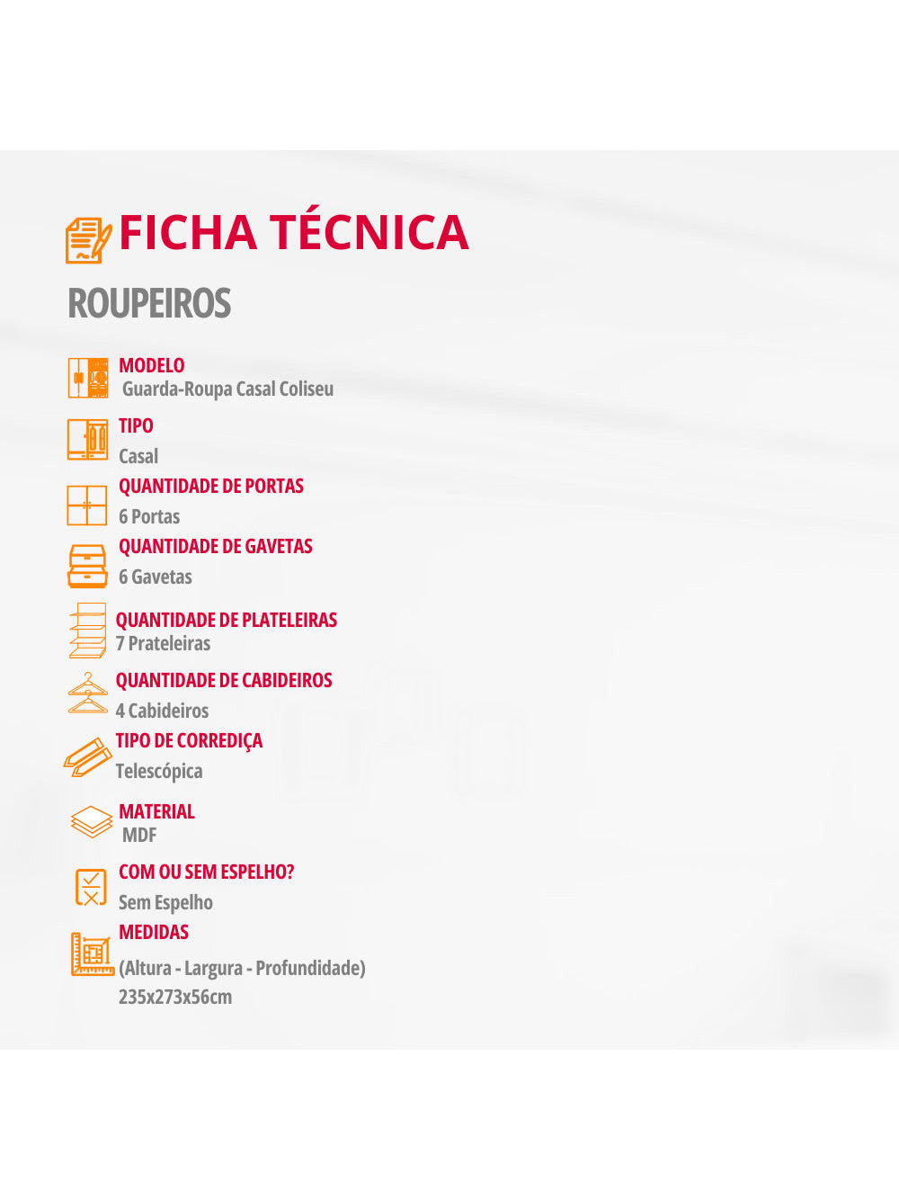 Guarda Roupa Casal Coliseu 100 MDF 6 Portas e 6 Gavetas Moderna Mobília