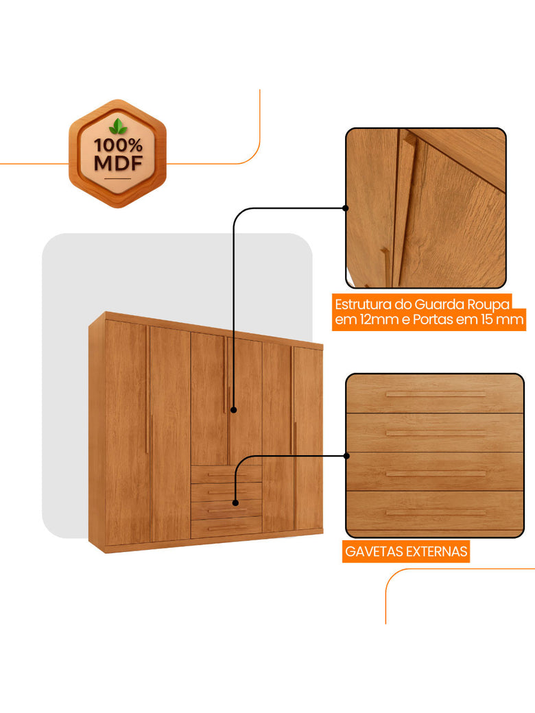Guarda Roupa Casal Matteo 100 MDF 6 Portas e 4 Gavetas Moderna Mobília