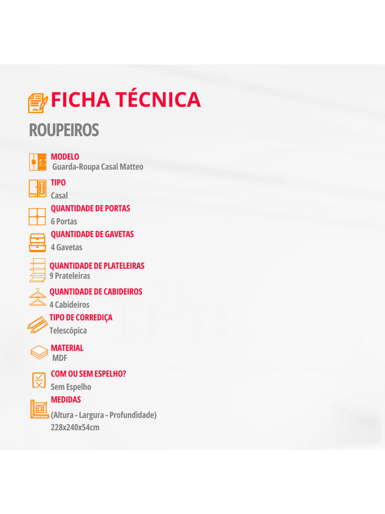 Guarda Roupa Casal Matteo 100 MDF 6 Portas e 4 Gavetas Moderna Mobília