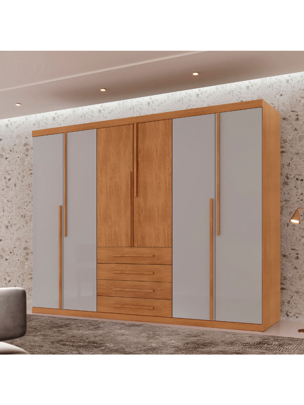 Guarda Roupa Casal Matteo 100 MDF 6 Portas e 4 Gavetas Moderna Mobília - Naturalle/Off White