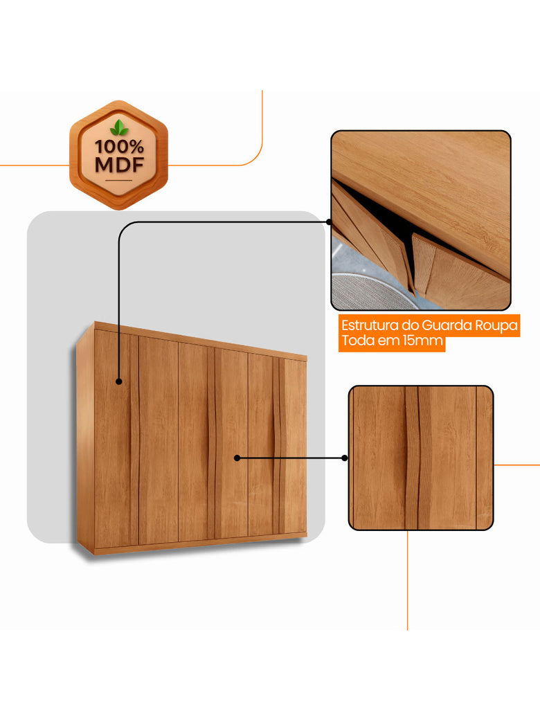 Guarda Roupa Casal Rommeo 100 MDF 6 Portas e 6 Gavetas Moderna Mobília