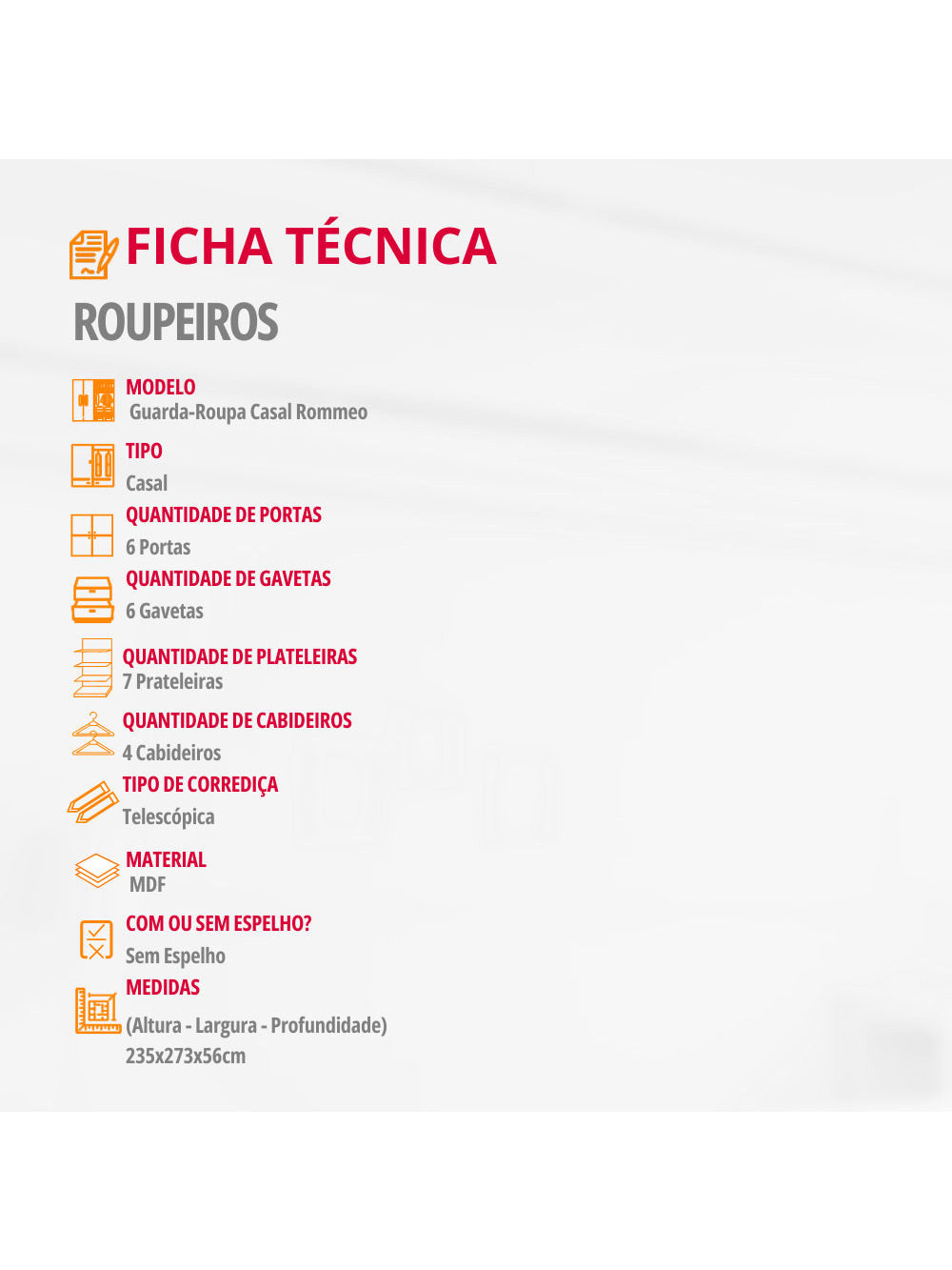 Guarda Roupa Casal Rommeo 100 MDF 6 Portas e 6 Gavetas Moderna Mobília