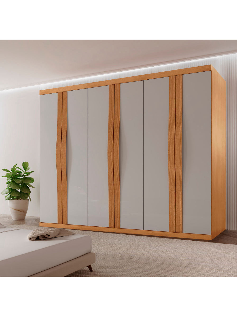 Guarda Roupa Casal Rommeo 100 MDF 6 Portas e 6 Gavetas Moderna Mobília - Naturalle/Off White