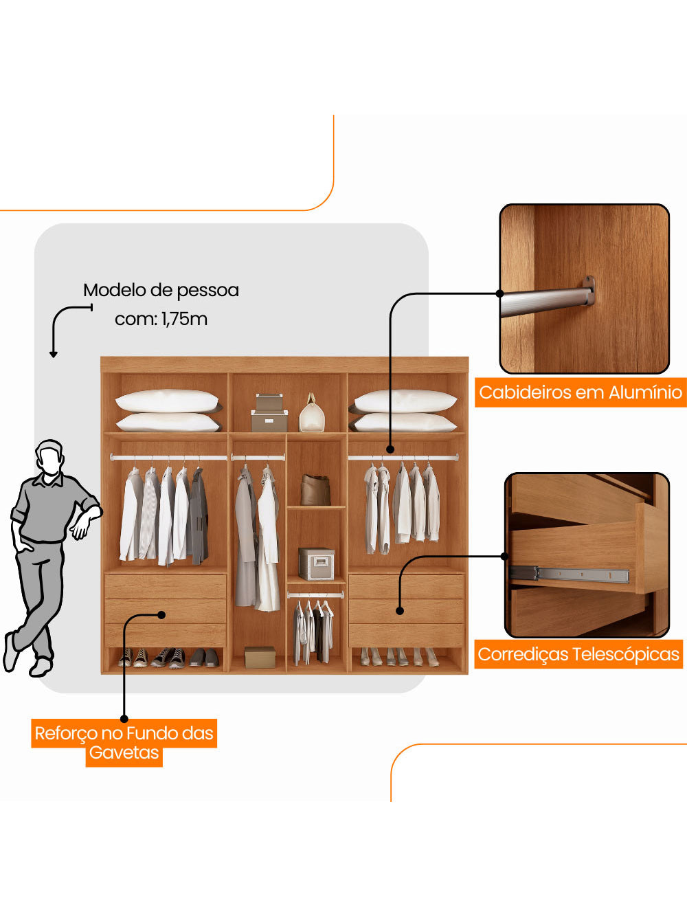 Guarda Roupa Casal Rommeo 100 MDF 6 Portas e 6 Gavetas Moderna Mobília