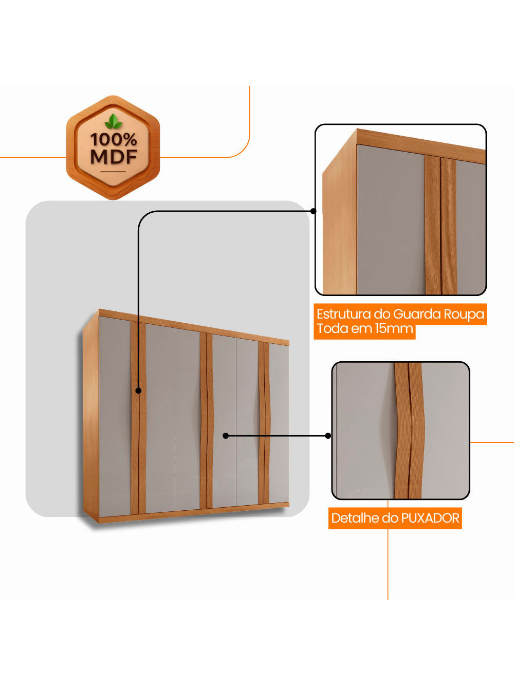 Guarda Roupa Casal Rommeo 100 MDF 6 Portas e 6 Gavetas Moderna Mobília