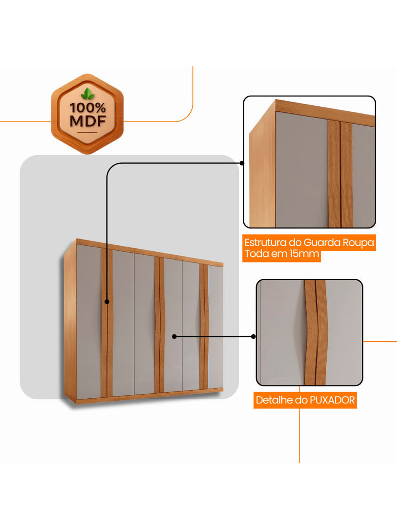Guarda Roupa Casal Rommeo 100 MDF 6 Portas e 6 Gavetas Moderna Mobília