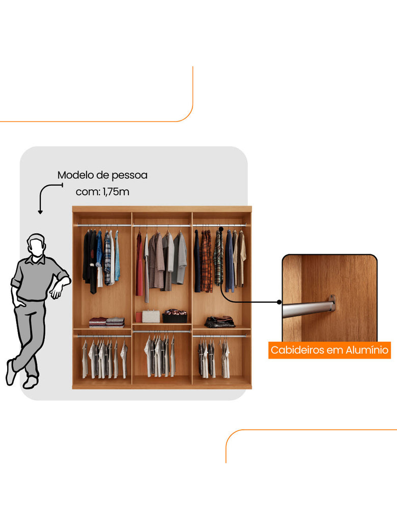 Guarda Roupa Casal Connor 100 MDF 3 Portas de Correr Moderna Mobília