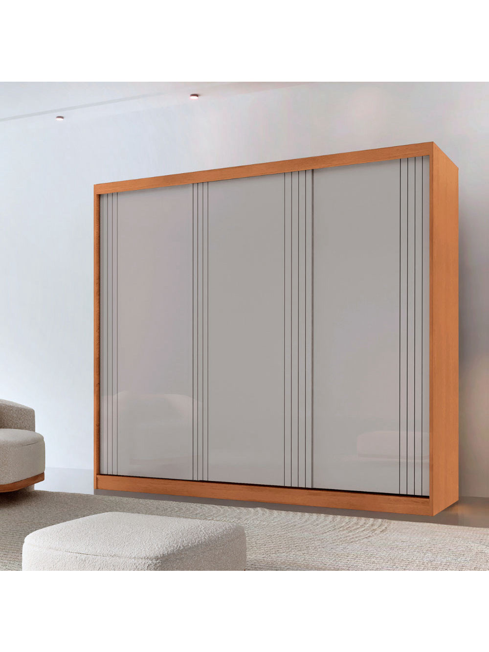 Guarda Roupa Casal Connor 100 MDF 3 Portas de Correr Moderna Mobília - Naturalle/Off White