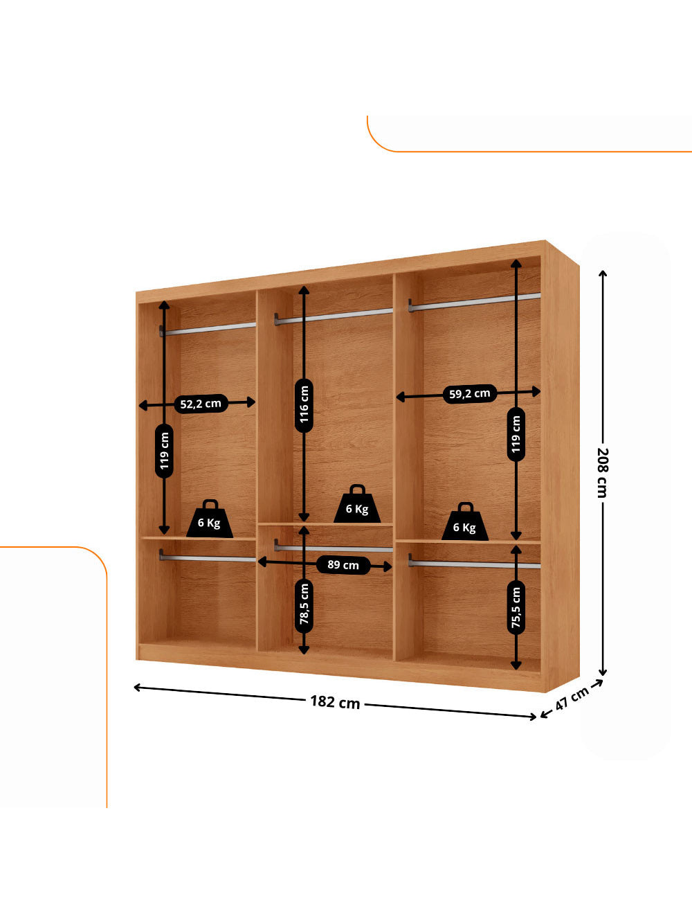 Guarda Roupa Casal Connor 100 MDF 3 Portas de Correr Moderna Mobília