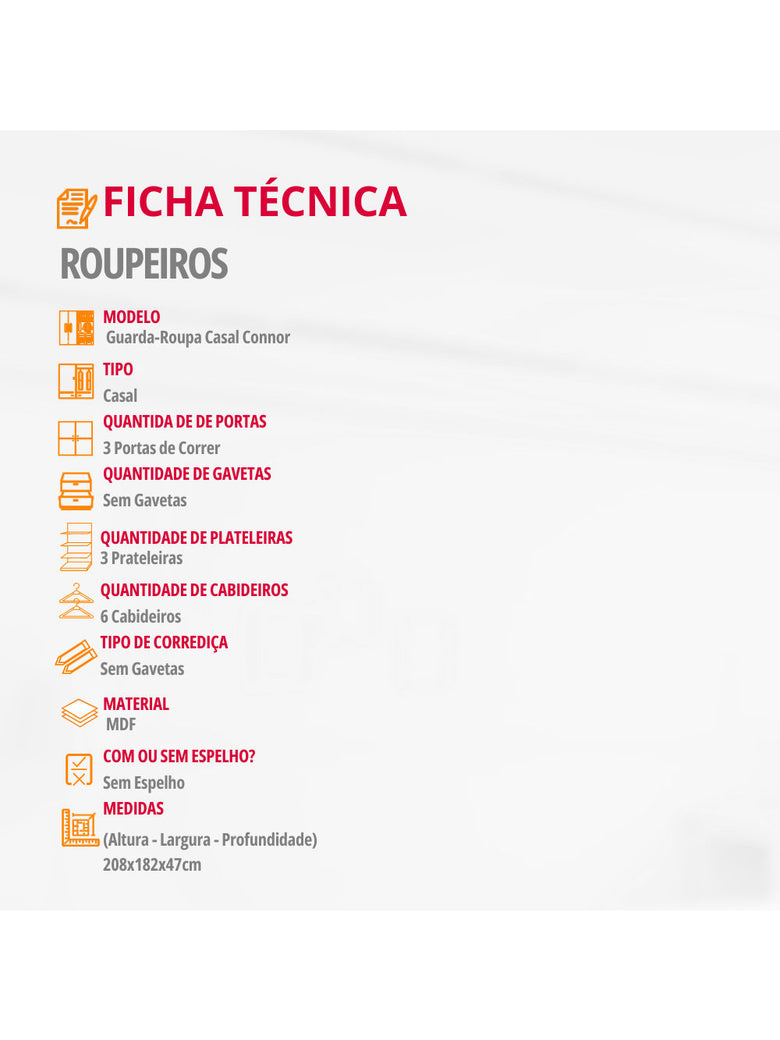 Guarda Roupa Casal Connor 100 MDF 3 Portas de Correr Moderna Mobília