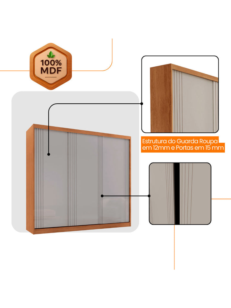 Guarda Roupa Casal Connor 100 MDF 3 Portas e 4 Gavetas - Moderna Mobília