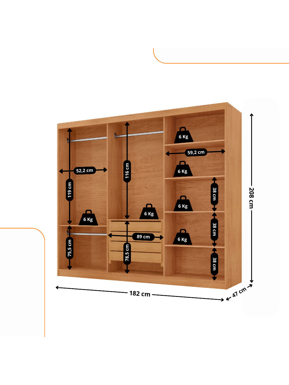 Guarda Roupa Casal Connor 100 MDF 3 Portas 4 Gavetas e 6 Prateleiras Moderna Mobília - Naturalle
