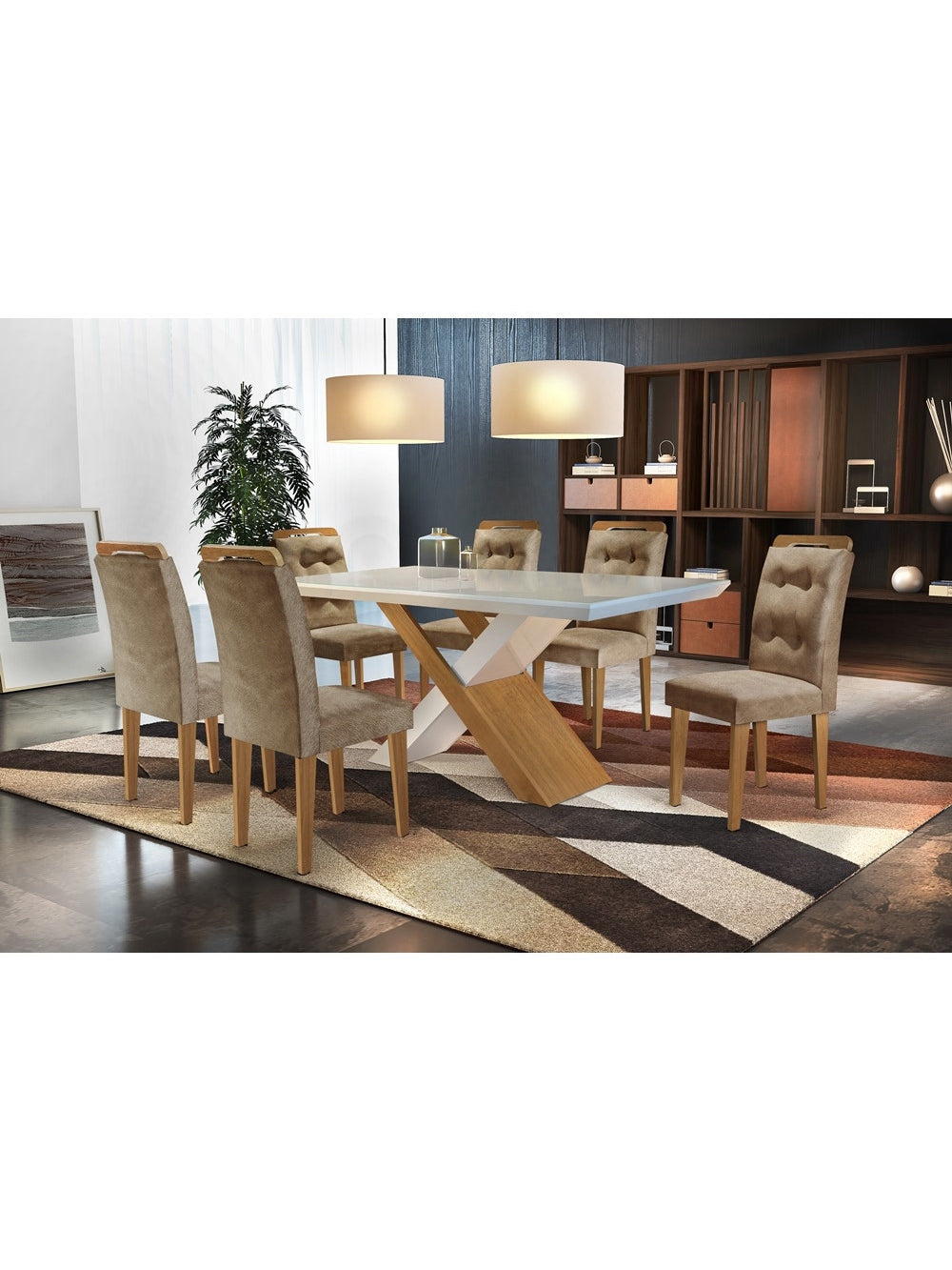 Conjunto Sala de Jantar Carol 180 MDF Laqueado com 06 Cadeiras - Anima. Choc./Off White /Imbuia