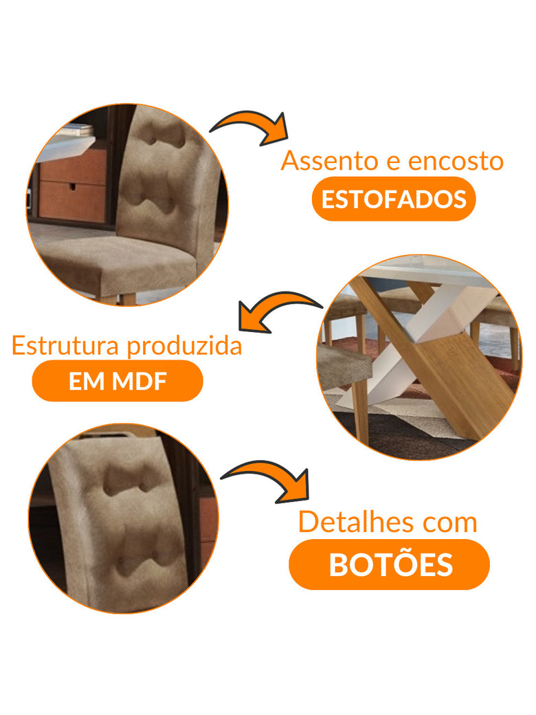 Conjunto Sala de Jantar Carol 180 MDF Laqueado com 06 Cadeiras