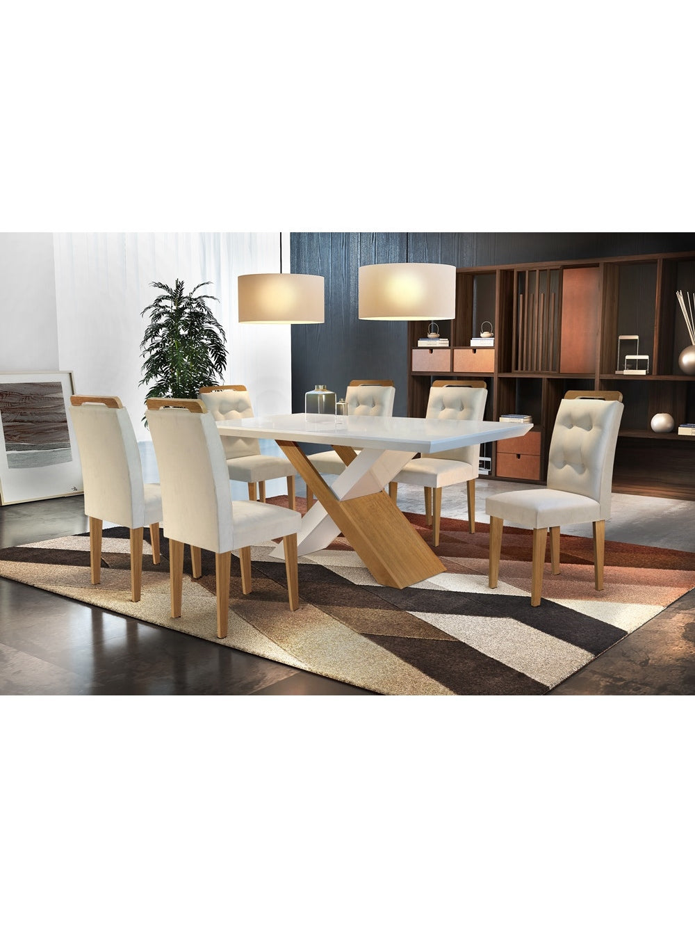 Conjunto Sala de Jantar Carol 180 MDF Laqueado com 06 Cadeiras - Veludo Creme/Off White/Imbuia