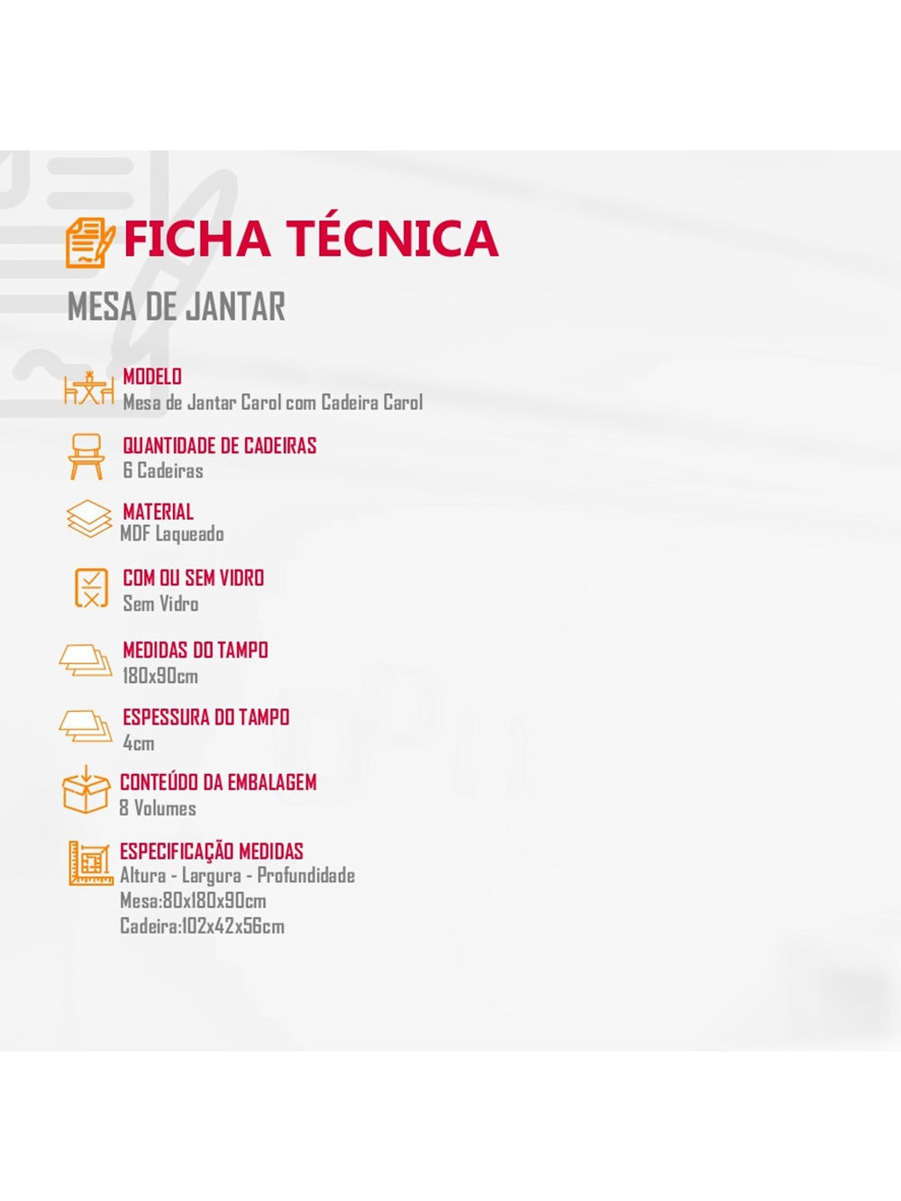 Conjunto Sala de Jantar Carol 180 MDF Laqueado com 06 Cadeiras