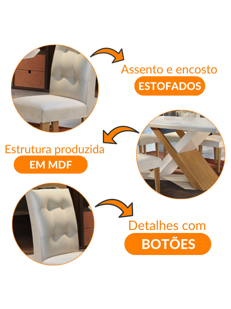 Conjunto Sala de Jantar Carol 180 MDF Laqueado com 06 Cadeiras