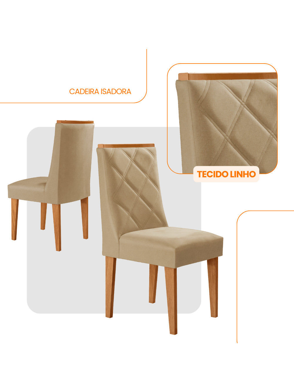 Conjunto com 2 Cadeiras MDF Isadora para Sala de Jantar Moderna Mobília - Linho Capuccino/Naturale