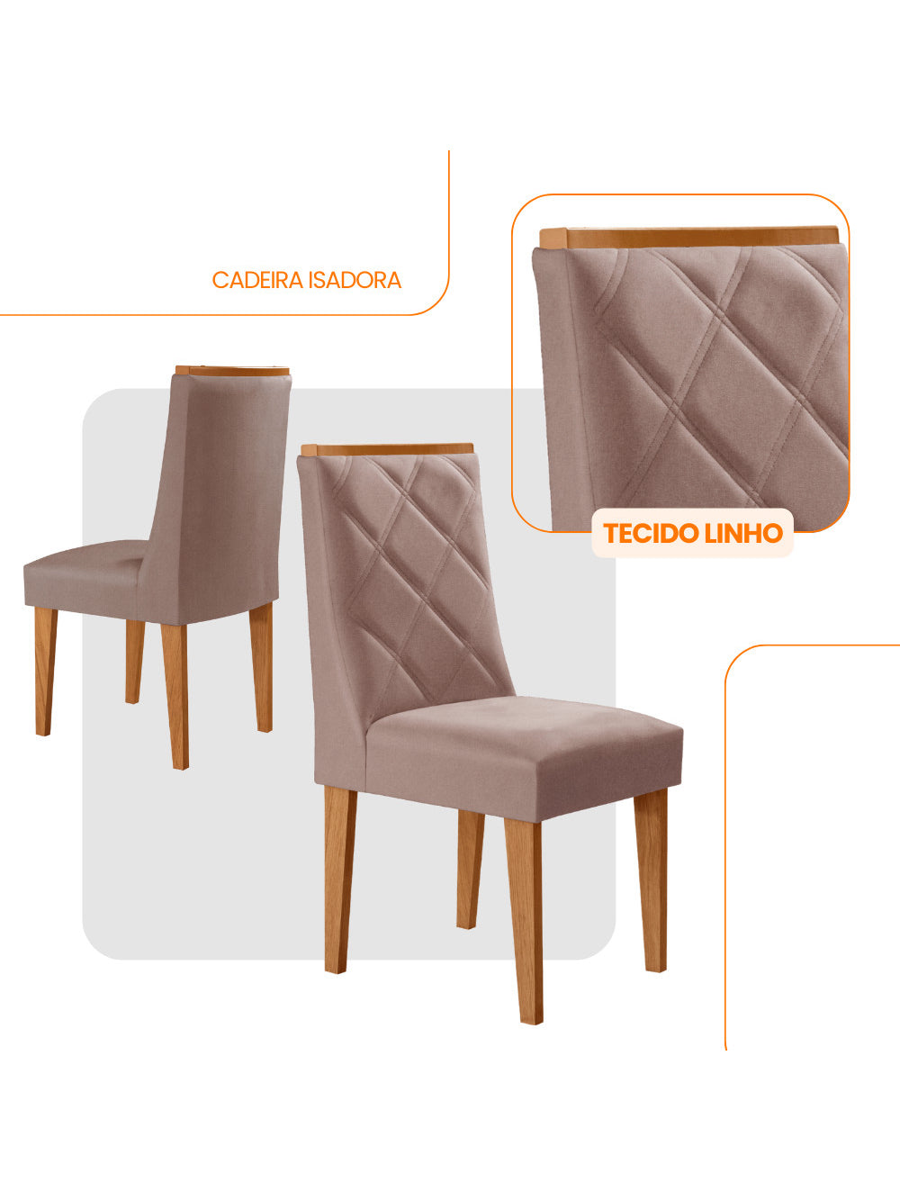 Conjunto com 2 Cadeiras MDF Isadora para Sala de Jantar Moderna Mobília - Veludo Marrom/Naturalle