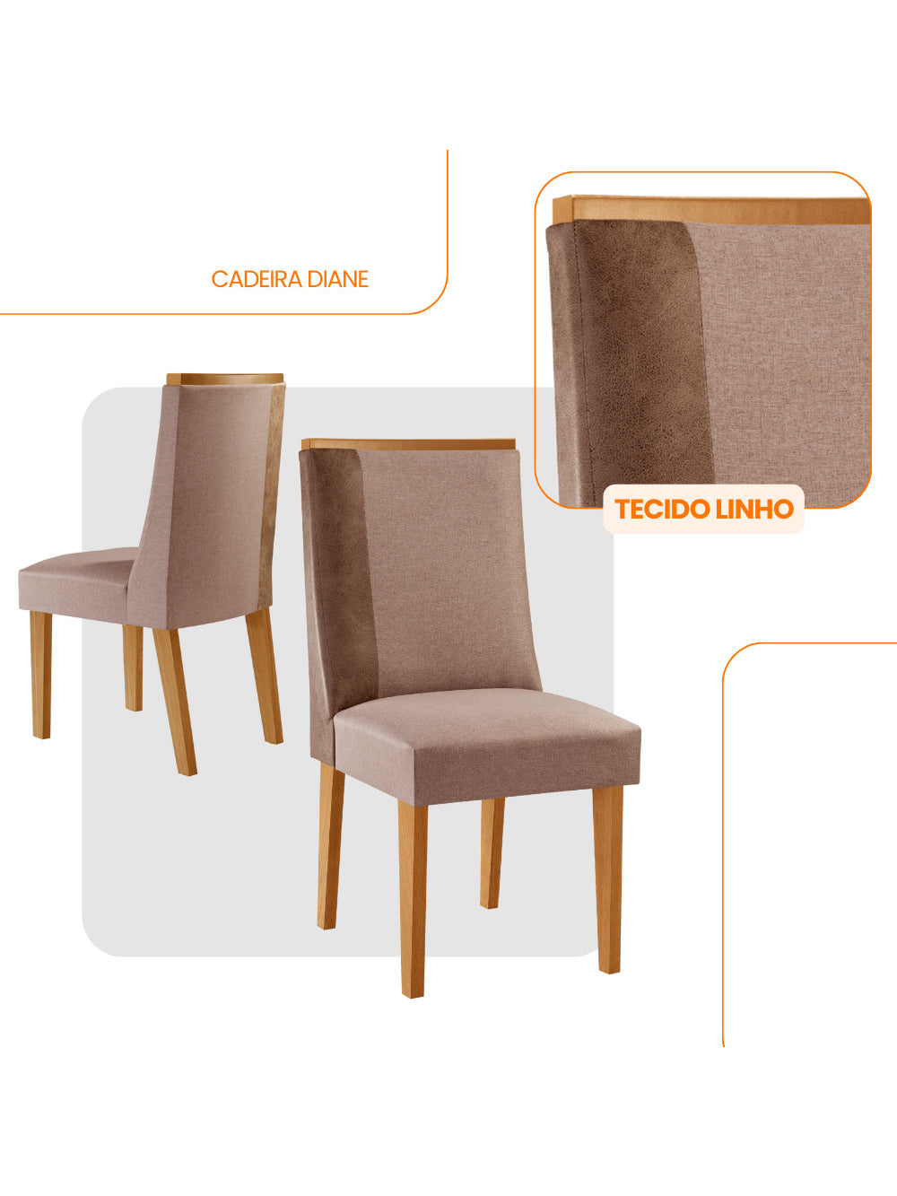 Conjunto com 2 Cadeiras MDF Diane para Sala de Jantar Moderna Mobília - LINHO CAPUCCINO / TORK / NATURALE