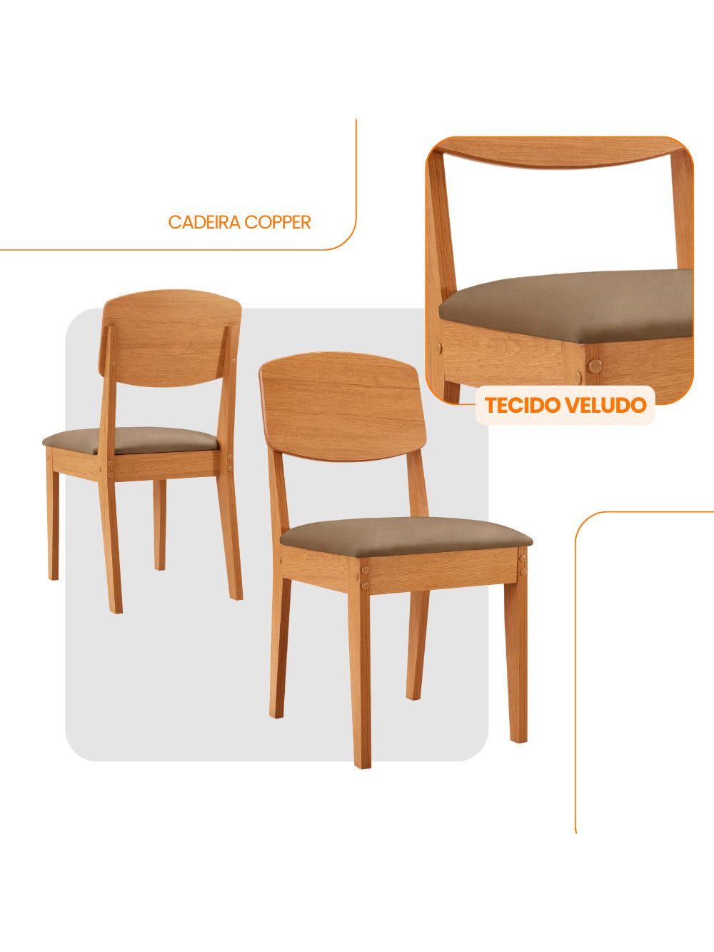 Conjunto com 2 Cadeiras MDF Copper para Sala de Jantar Moderna Mobília - Veludo Capuccino/Naturalle