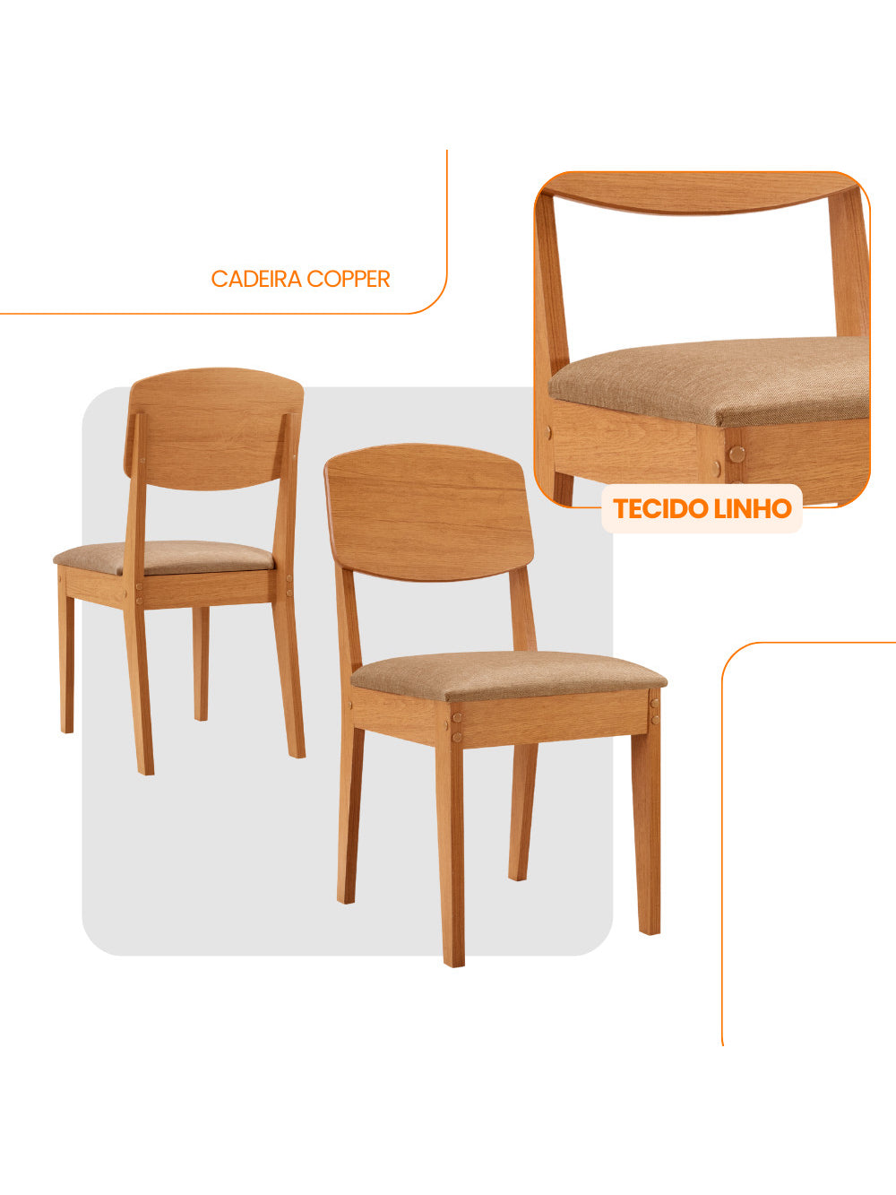 Conjunto com 2 Cadeiras MDF Copper para Sala de Jantar Moderna Mobília - Veludo Capuccino/Naturalle
