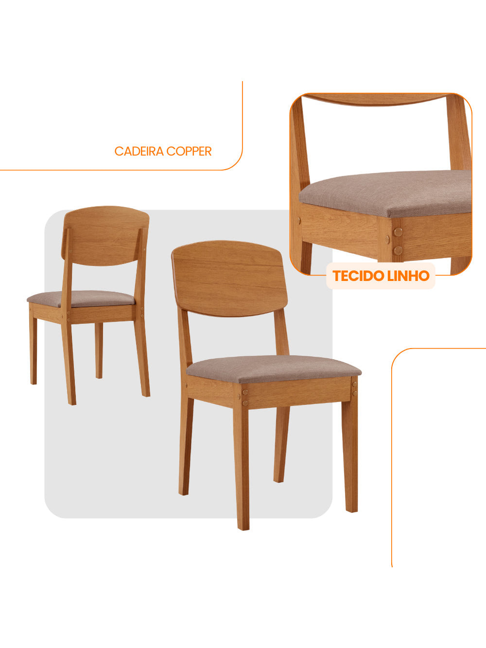 Conjunto com 2 Cadeiras MDF Copper para Sala de Jantar Moderna Mobília - Linho Capuccino/Naturale
