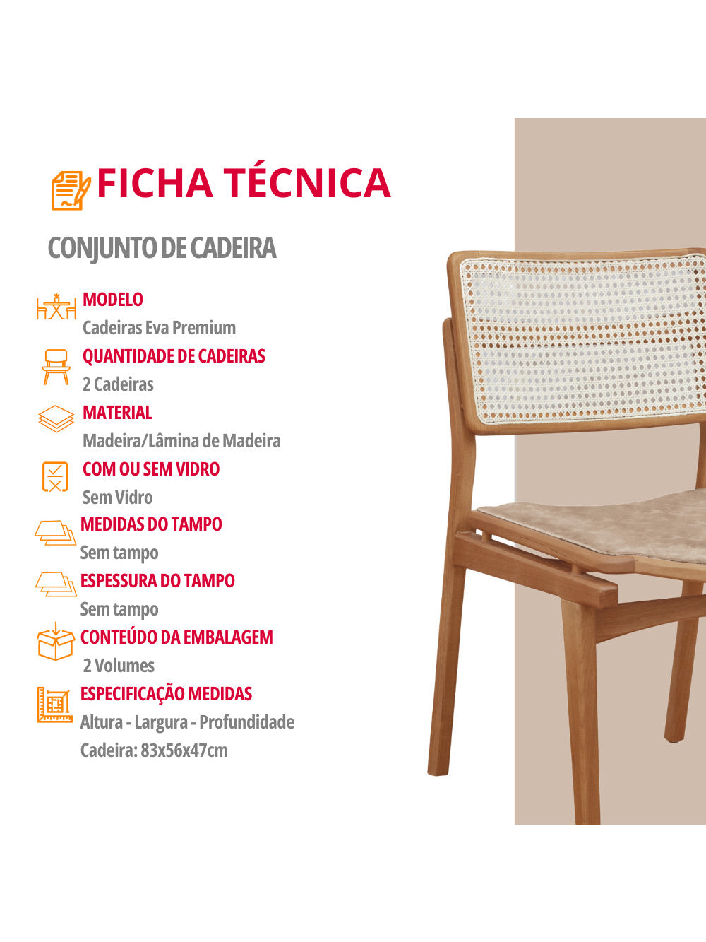 Conjunto com 2 Cadeiras Madeira Eva Premium Moderna Mobília