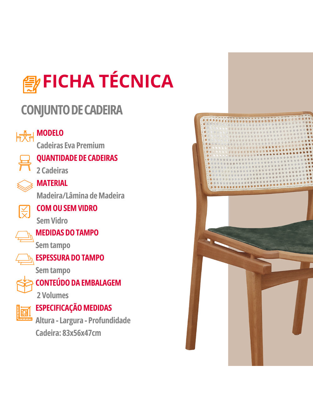 Conjunto com 2 Cadeiras Madeira Eva Premium Moderna Mobília