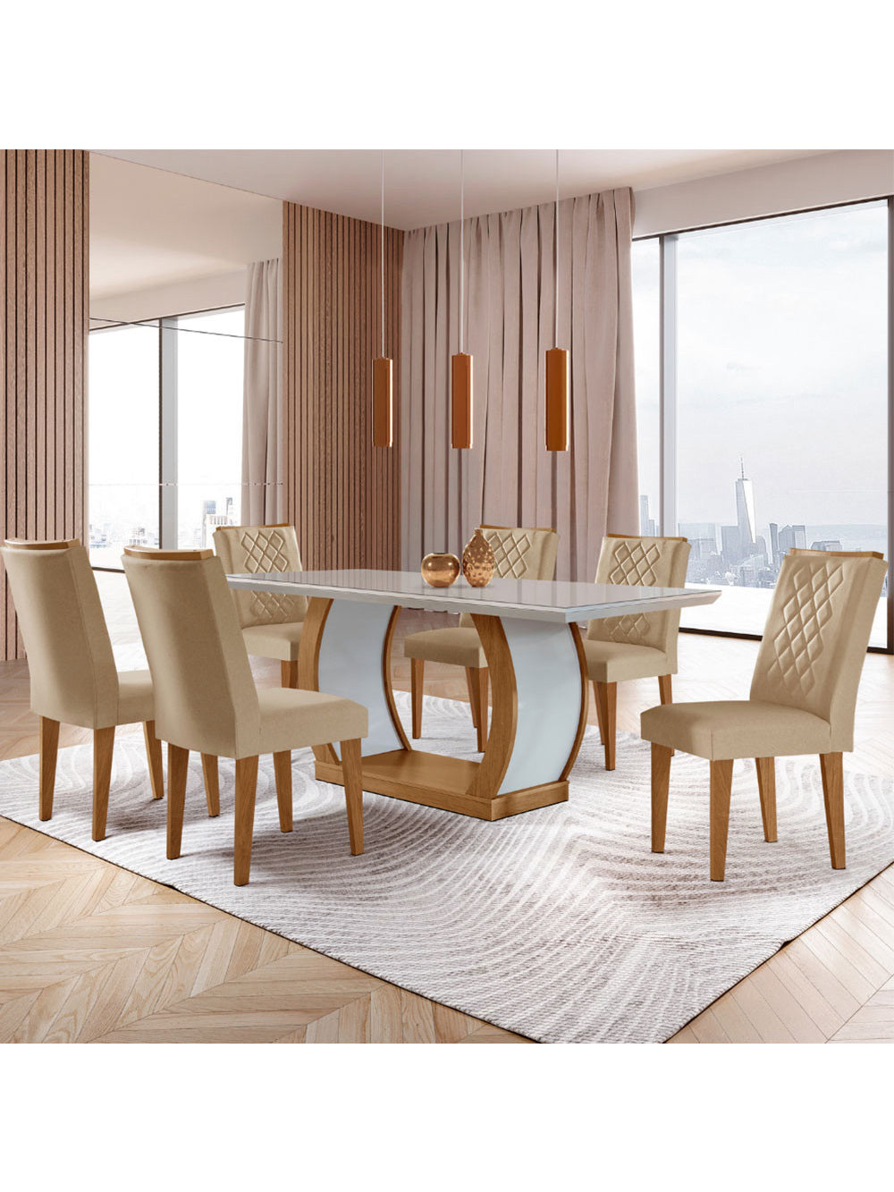 Sala de Jantar Milena MDF com Vidro Canto Reto 6 Cadeiras Rufato - Turim 07/Imbuia/Off/Serig Off