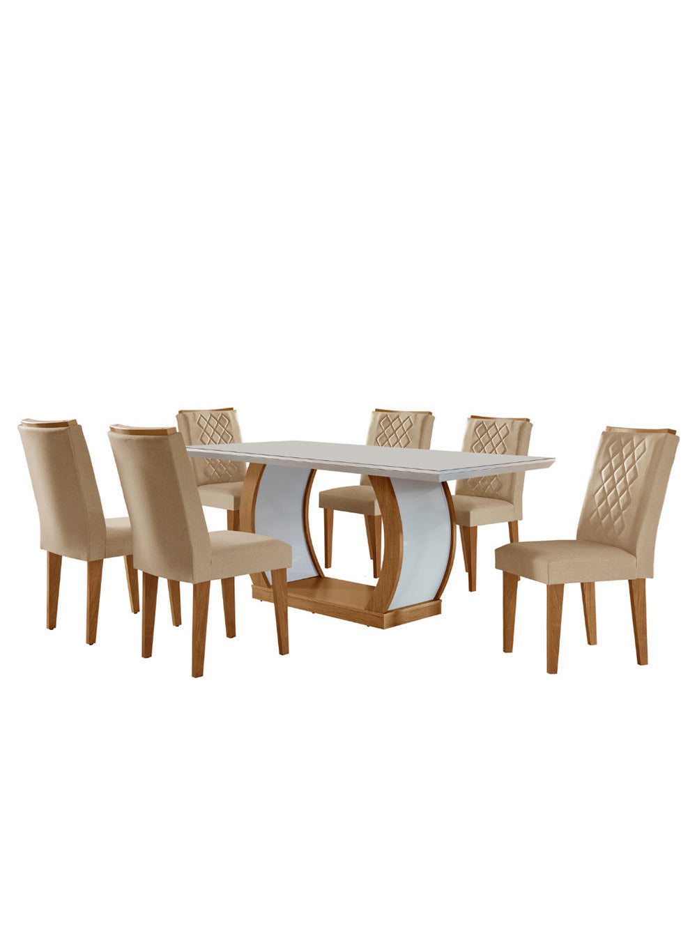 Sala de Jantar Milena MDF com Vidro Canto Reto 6 Cadeiras Rufato - Imbuia/Off W/Serig. Off White/Anim. Choc