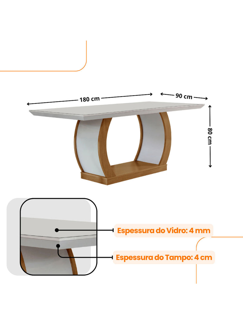 Sala de Jantar Milena MDF com Vidro Canto Reto 6 Cadeiras Rufato