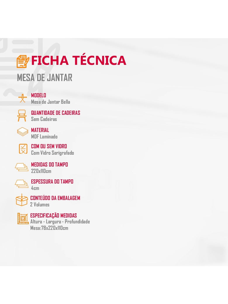 Mesa de Jantar Bella 220cm em Madeira Maciça e Vidro Mobillare